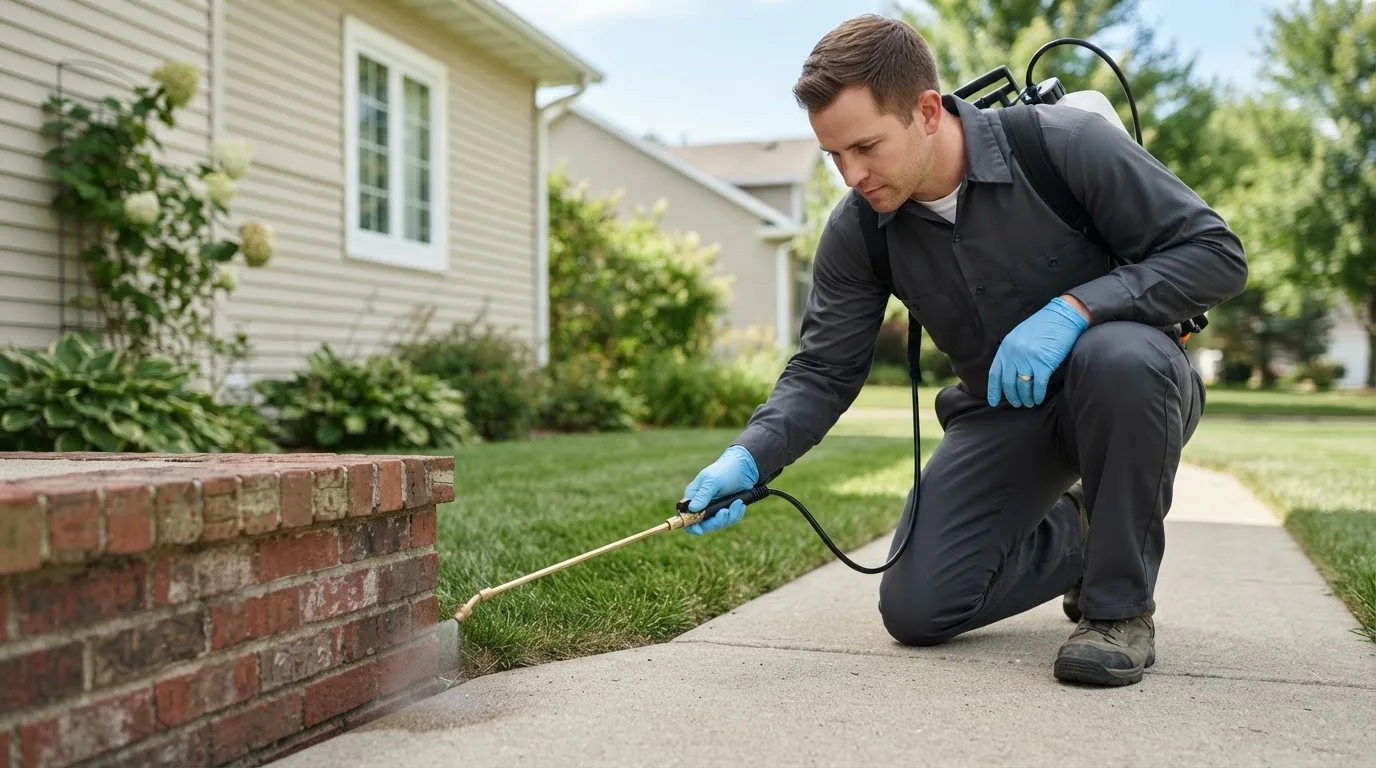 Pest control technician treating a home near Ames, IA