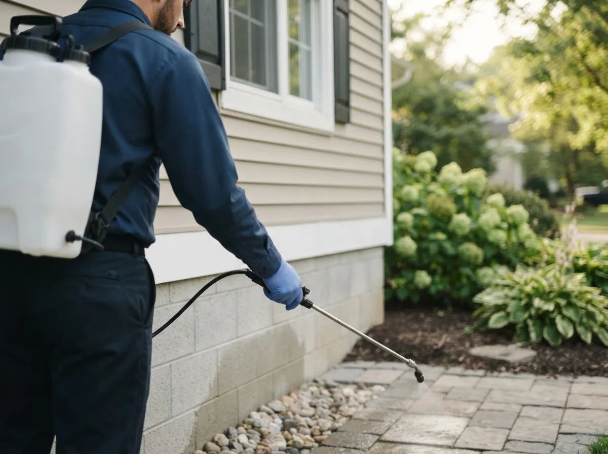 Pest control technician inspecting a home in Ames, IA